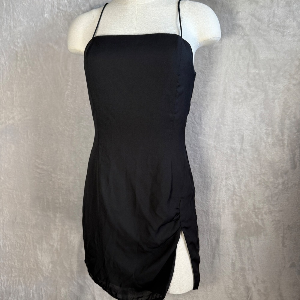 Superdown Revolve Black Mini Dress Sz S Spaghetti Strap Bodycon Ruched FrontSlit